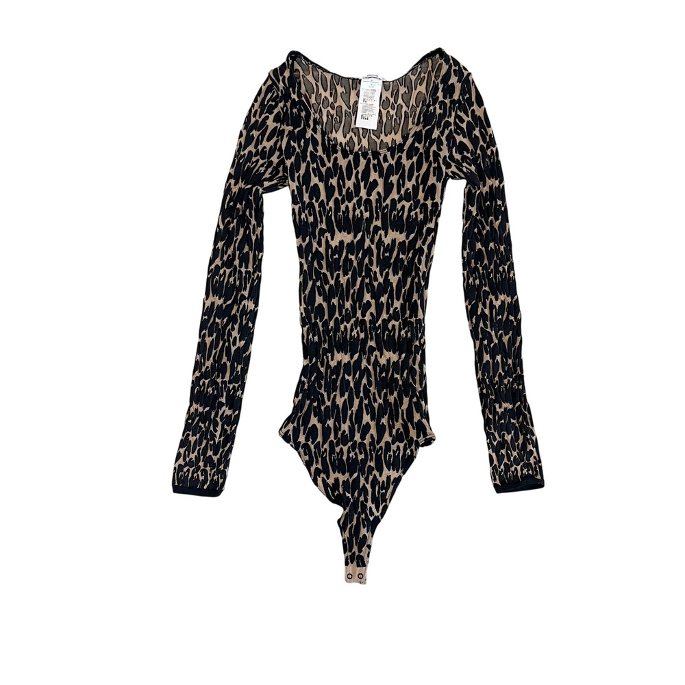 Wolford Leopard Print Long Sleeve Bodysuit Sheer Mesh Stretch Tan Black MEDIUM